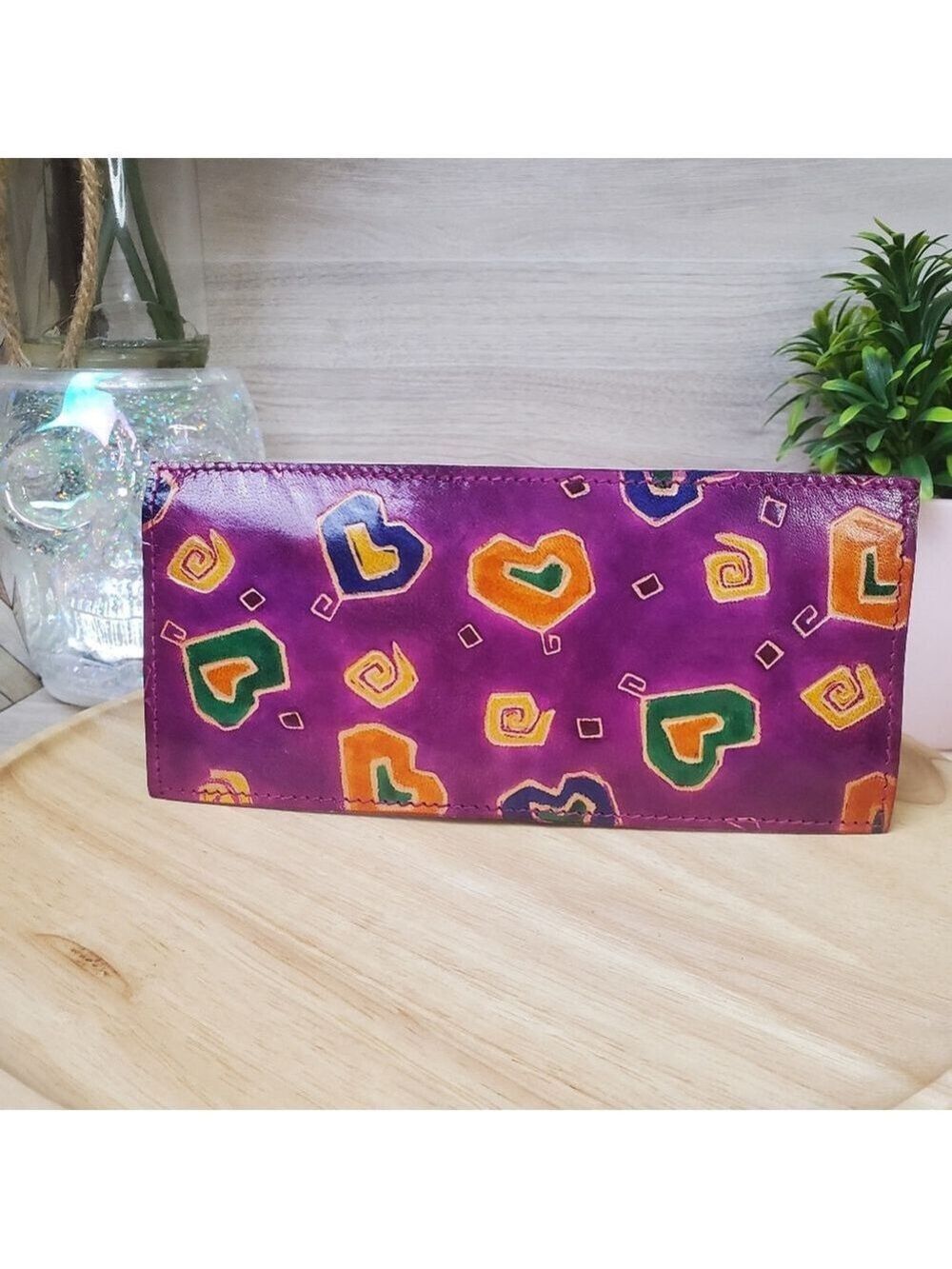 Vintage Painted Leather Long Wallet Card Holder Hearts Purple